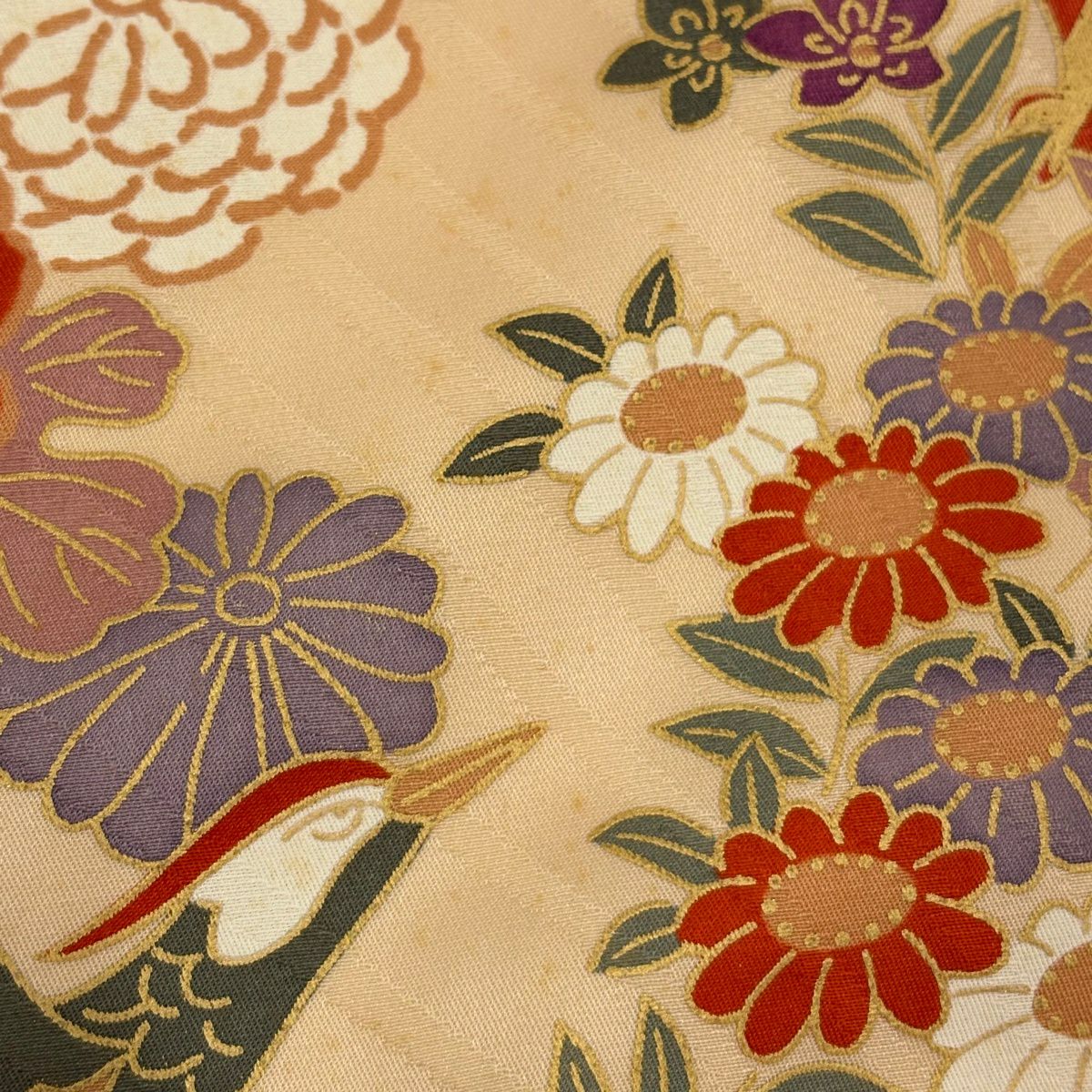 振袖禮服 身長151.5cm 袖長63cm S 雙層 鳥 草花紋 金彩裝飾 染分 朱 純蠶絲 秀品級