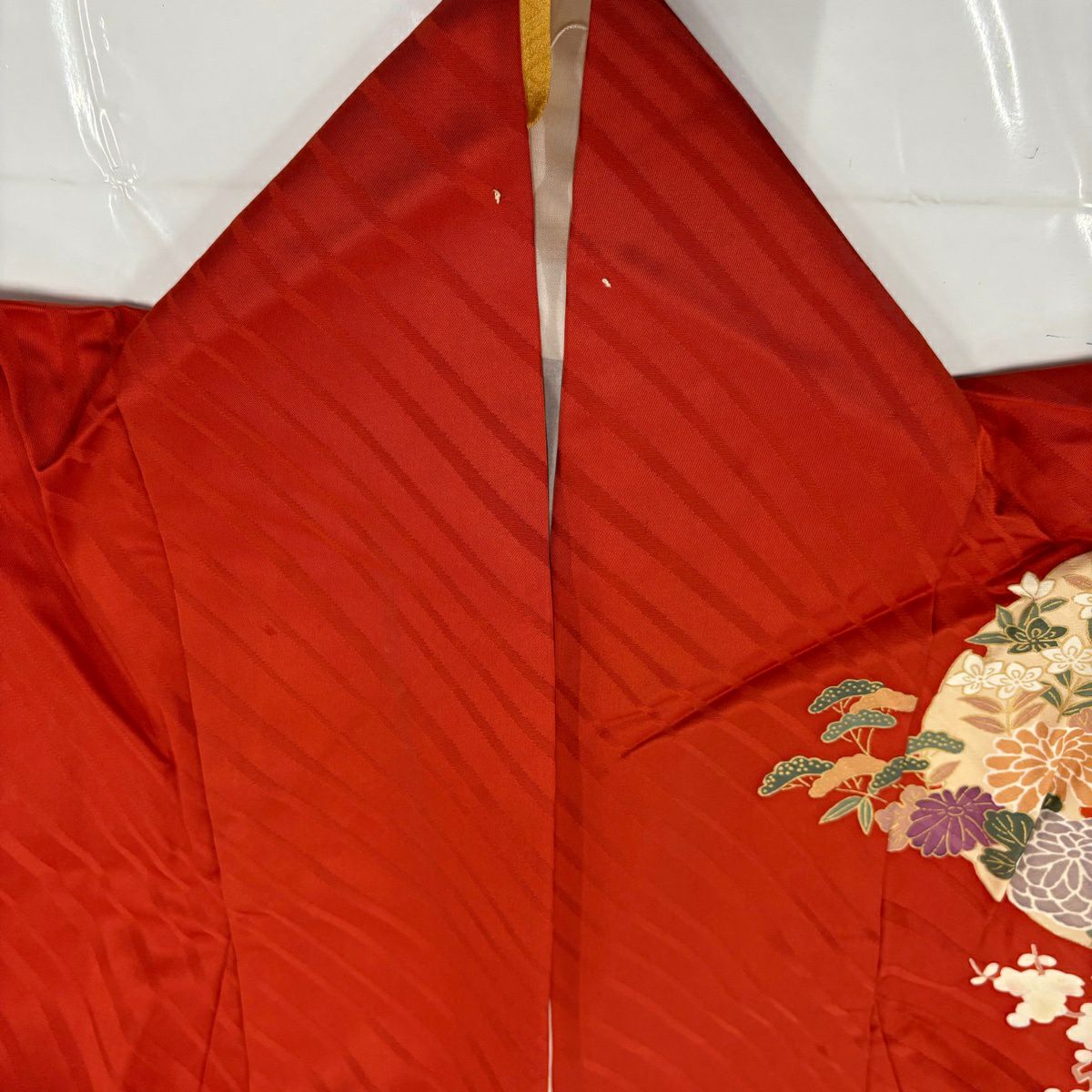 振袖禮服 身長151.5cm 袖長63cm S 雙層 鳥 草花紋 金彩裝飾 染分 朱 純蠶絲 秀品級