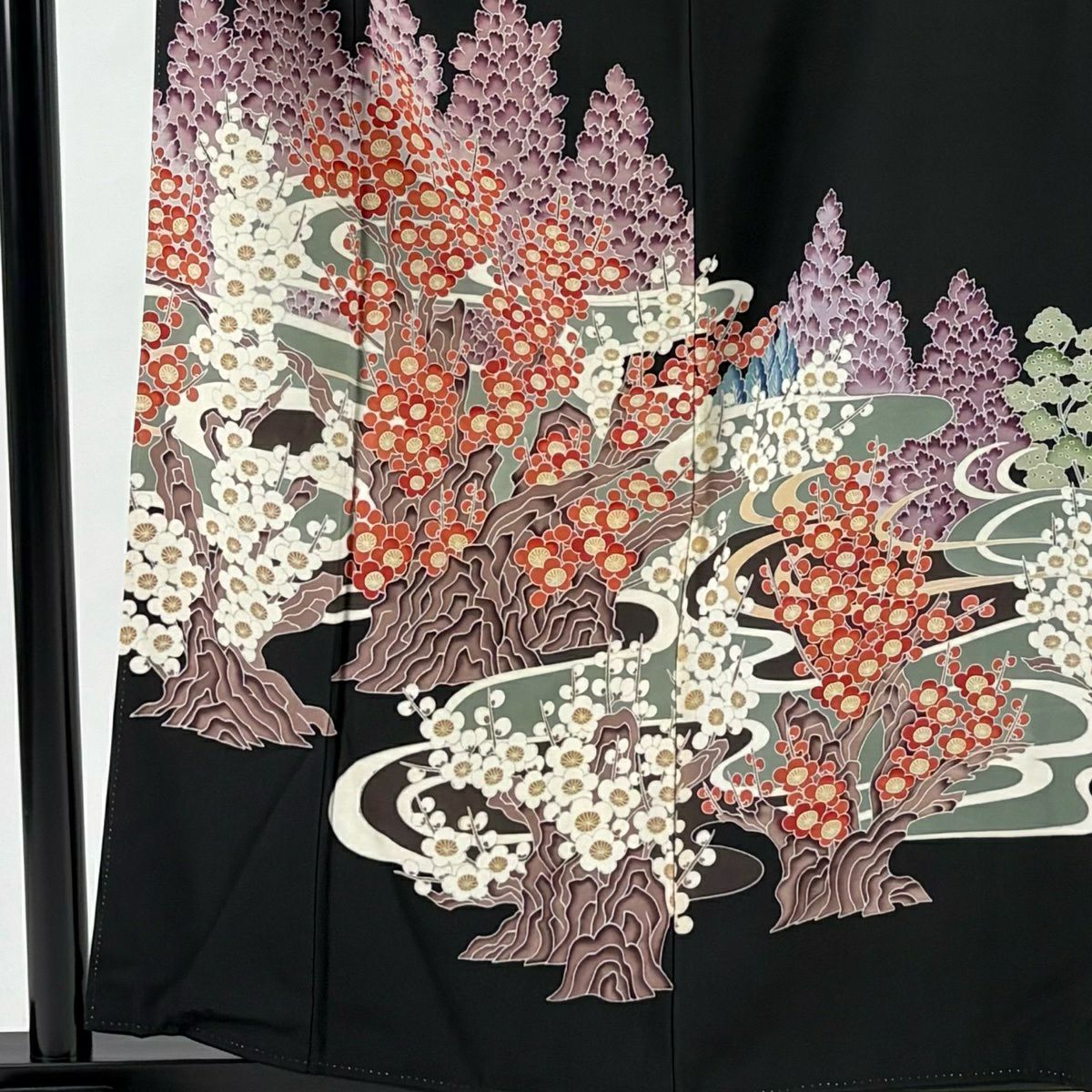 黑留袖禮服 身長159.5cm 袖長64cm M 雙層 有落款 枝梅花 流水 黑 純蠶絲 優品級