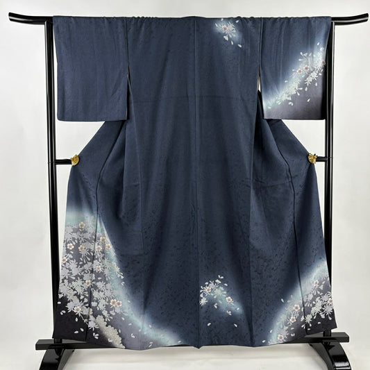 【美品】 付下 身長158cm 袖長65cm M 雙層 櫻花 輪廓 金線 漸層 深藍 純蠶絲 優品級