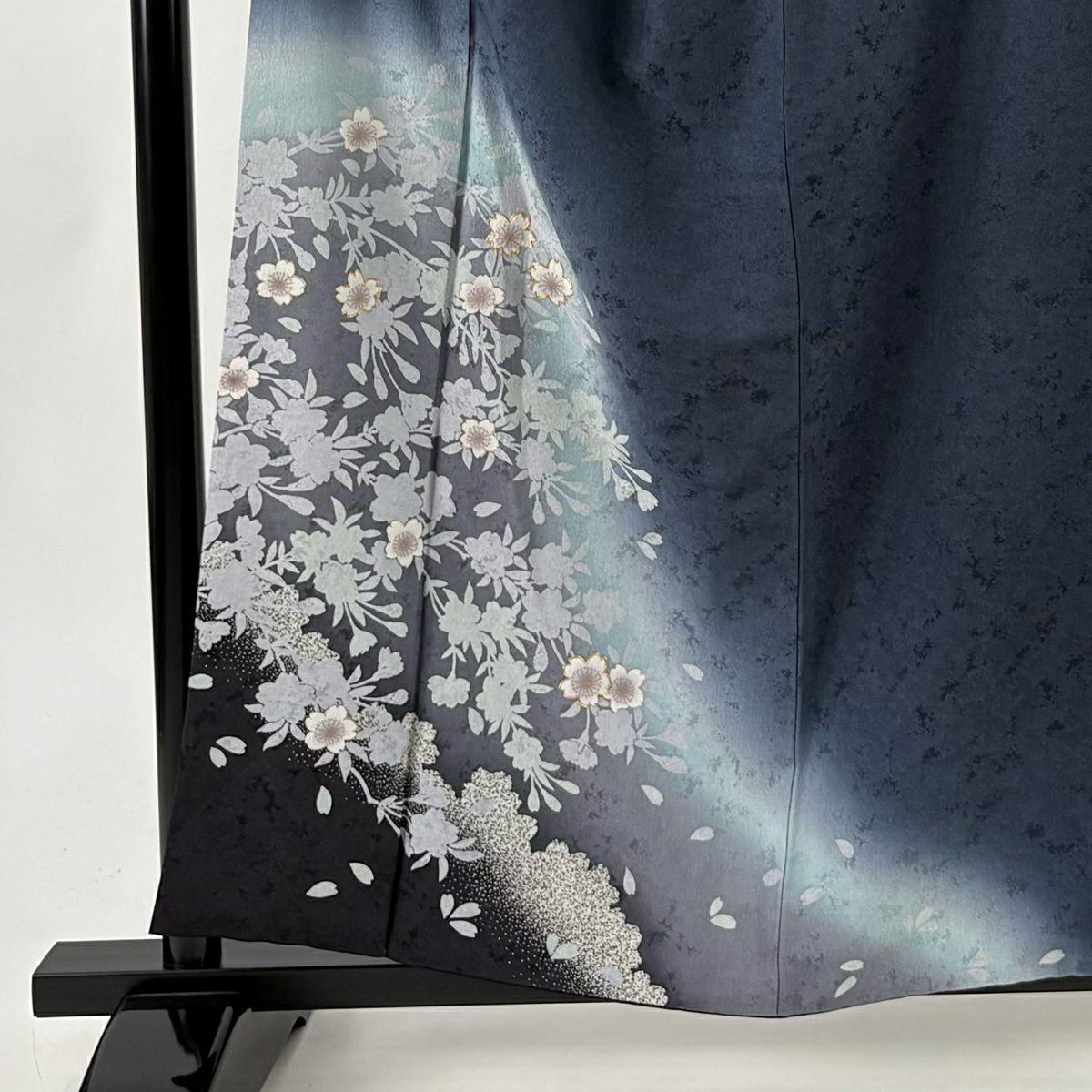 【美品】 付下 身長158cm 袖長65cm M 雙層 櫻花 輪廓 金線 漸層 深藍 純蠶絲 優品級