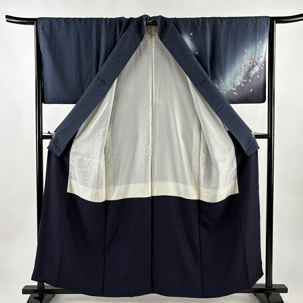 【美品】 付下 身長158cm 袖長65cm M 雙層 櫻花 輪廓 金線 漸層 深藍 純蠶絲 優品級