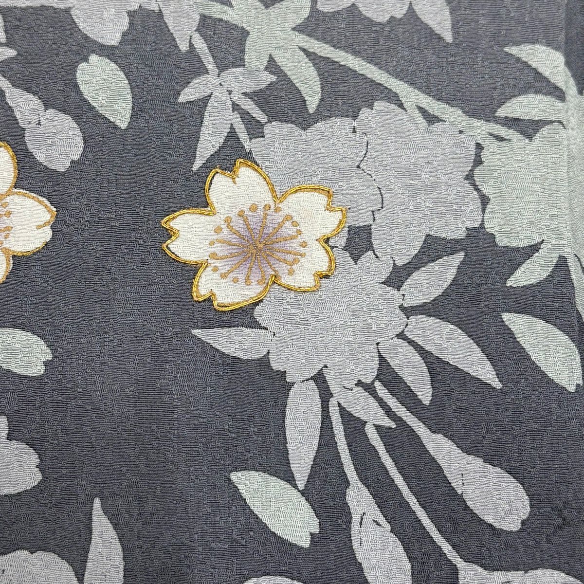 【美品】 付下 身長158cm 袖長65cm M 雙層 櫻花 輪廓 金線 漸層 深藍 純蠶絲 優品級