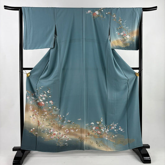 訪問服 身長161cm 袖長65cm M 雙層 花鳥 槌車 金銀彩 漸層 水藍 純蠶絲 優品級