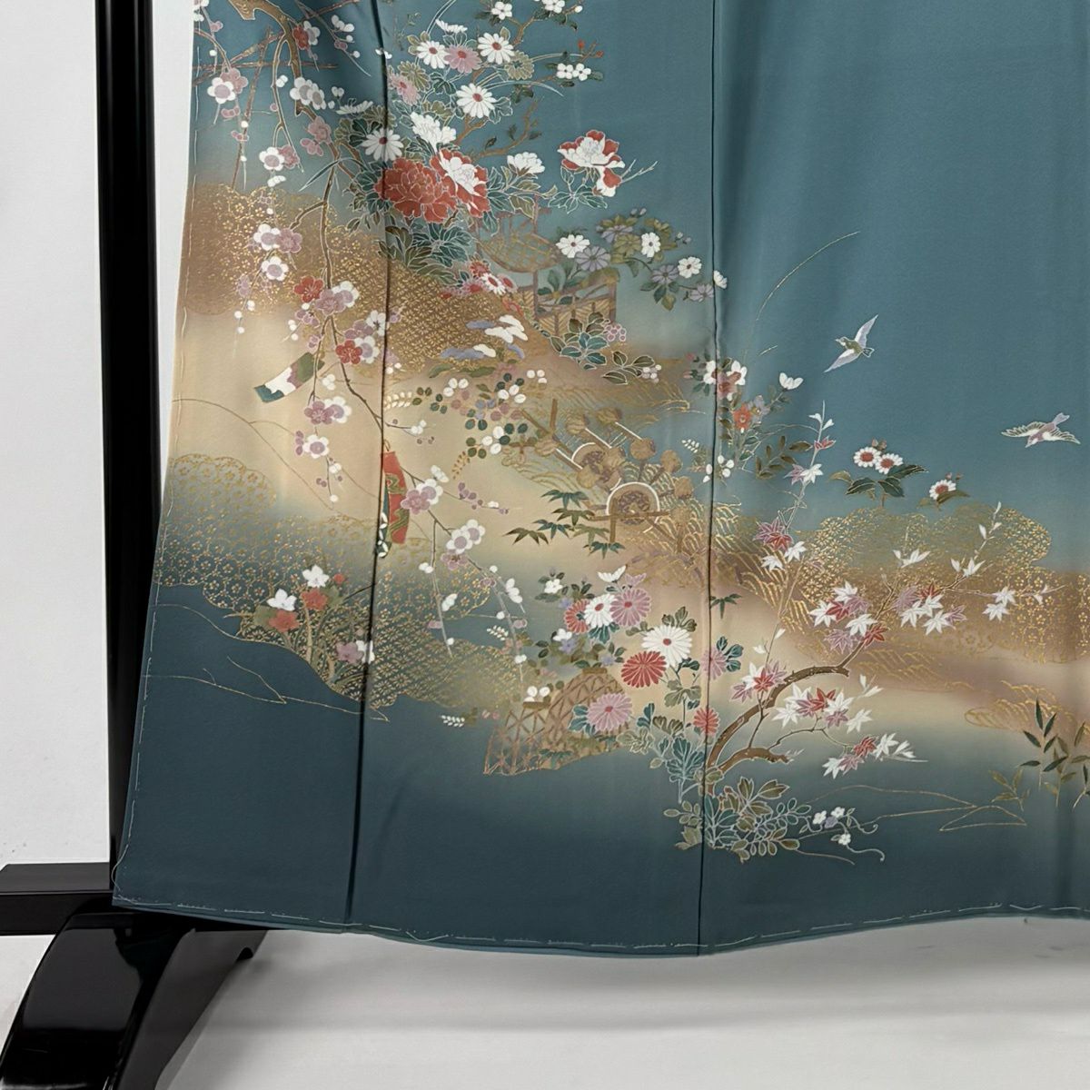 訪問服 身長161cm 袖長65cm M 雙層 花鳥 槌車 金銀彩 漸層 水藍 純蠶絲 優品級