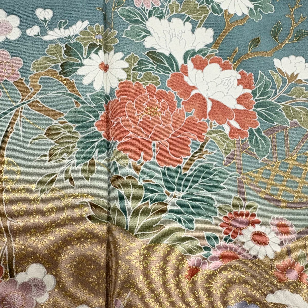 訪問服 身長161cm 袖長65cm M 雙層 花鳥 槌車 金銀彩 漸層 水藍 純蠶絲 優品級