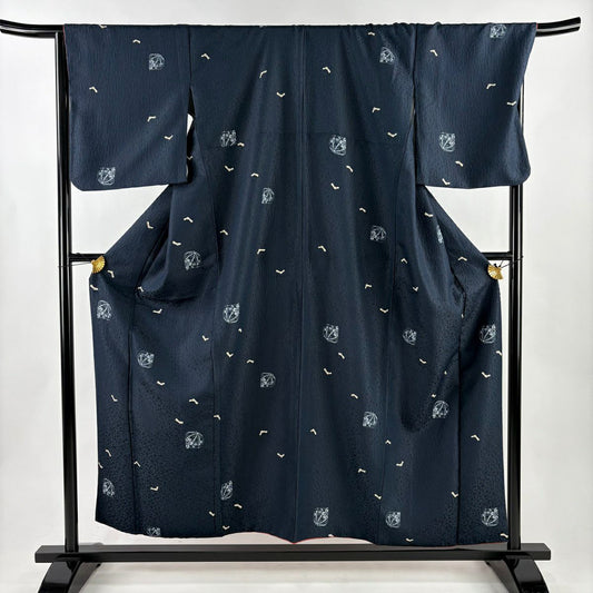 【美品】 小紋 身長155cm 袖長68.5cm L 雙層 鞠 結織文 深藍 化纖 秀品級