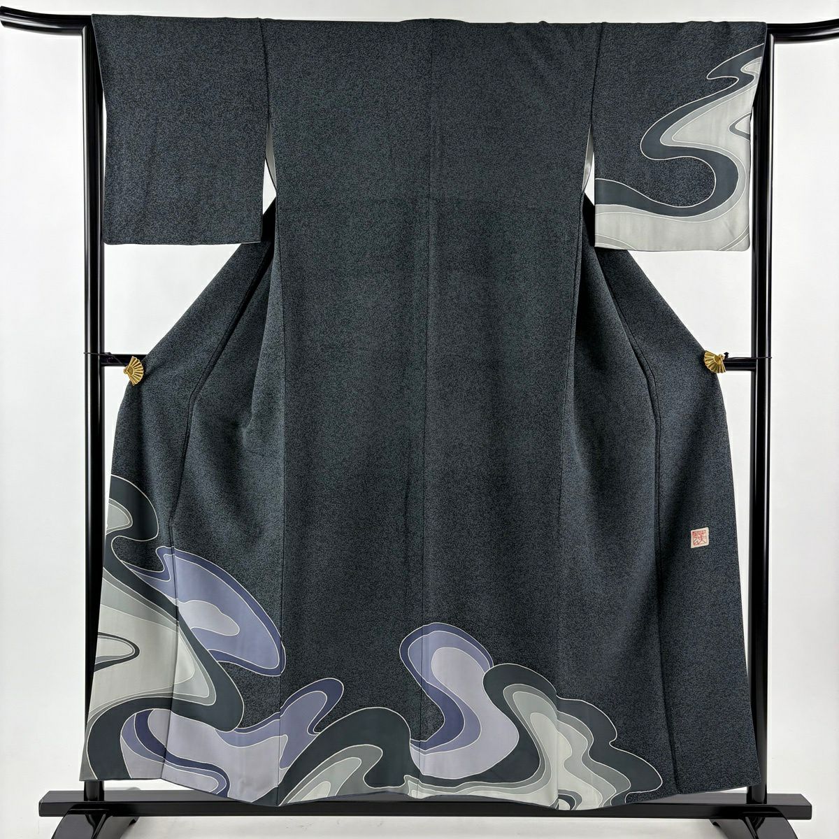 【美品】 付下 身長154cm 袖長65cm M 雙層 落款あり 波 黑灰 純蠶絲 秀品級