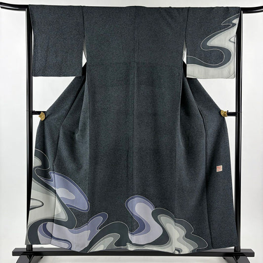 【美品】 付下 身長154cm 袖長65cm M 雙層 落款あり 波 黑灰 純蠶絲 秀品級