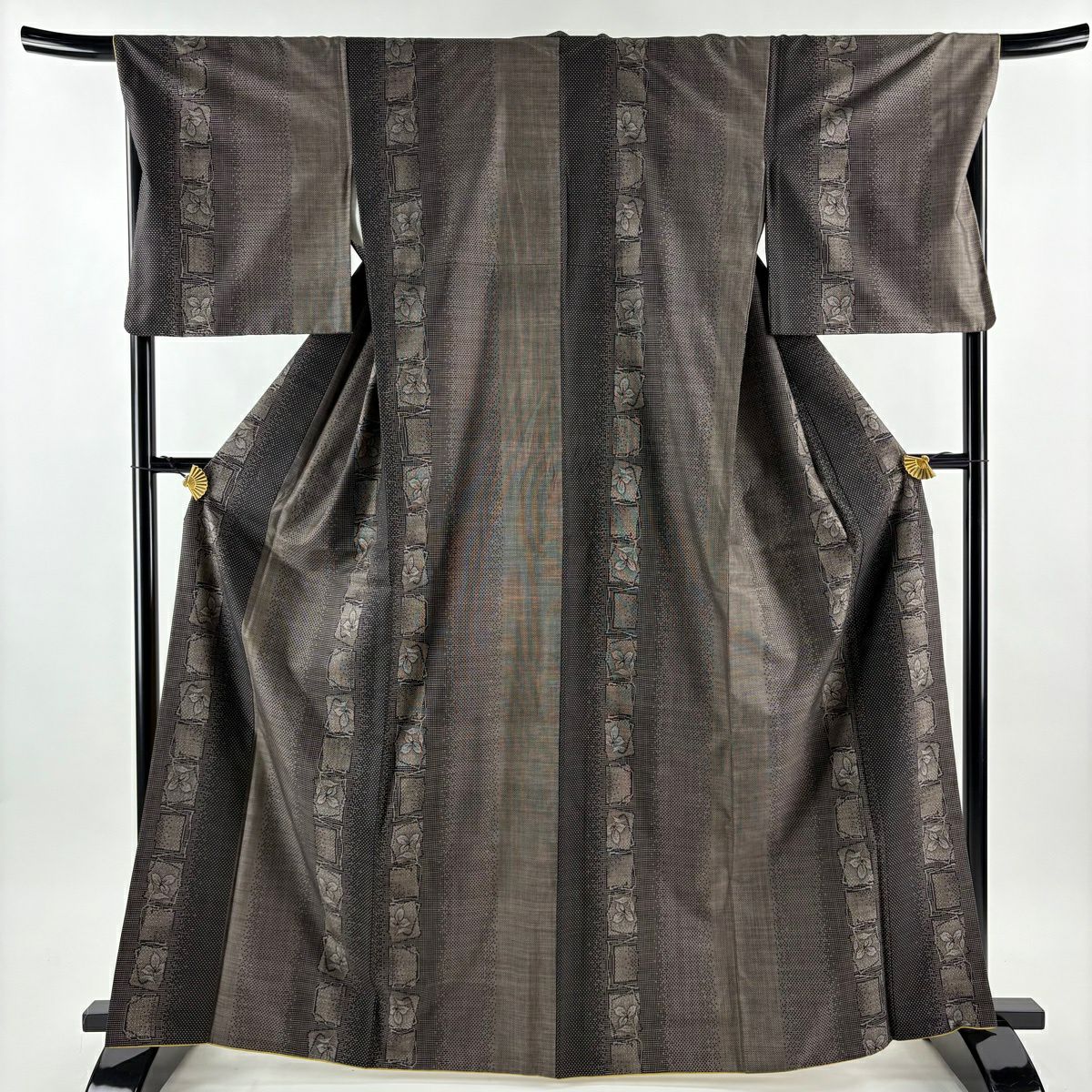 【美品】 紬織 身長166cm 袖長68cm L 雙層 ますいわ屋 草花紋紋 幾何學 焦茶 純蠶絲 秀品級