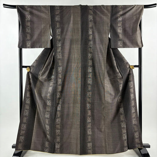 【美品】 紬織 身長166cm 袖長68cm L 雙層 ますいわ屋 草花紋紋 幾何學 焦茶 純蠶絲 秀品級