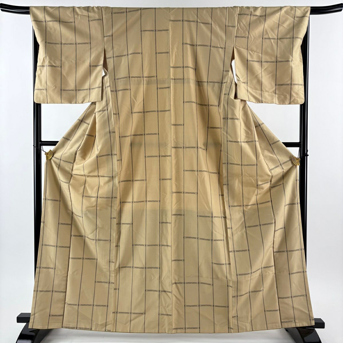 【美品】 紬織 身長165cm 袖長67cm M 雙層 條紋 幾何圖案 米色 純蠶絲 優品級