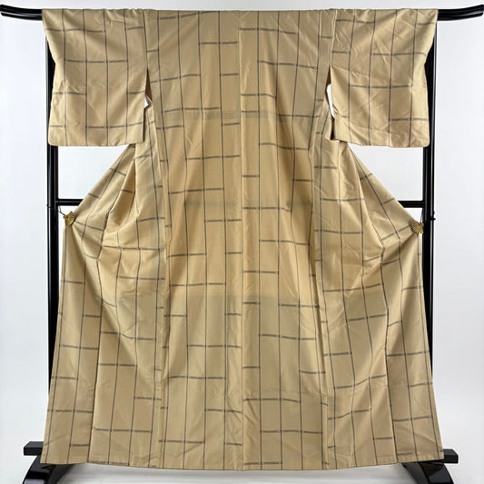 【美品】 紬織 身長165cm 袖長67cm M 雙層 條紋 幾何圖案 米色 純蠶絲 優品級