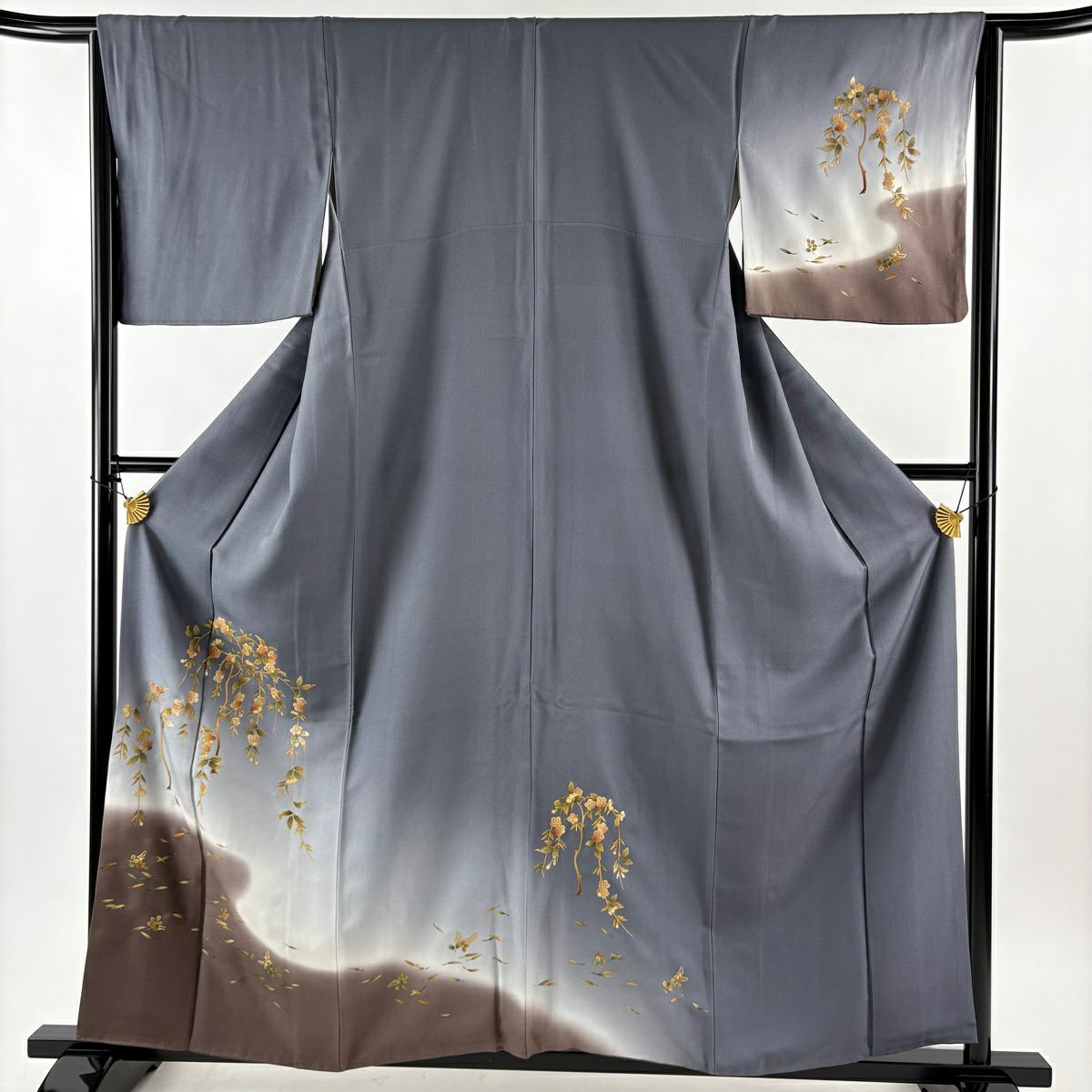 付下 身長158.5cm 袖長65cm M 雙層 枝梅花 萩 金銀彩 染分 青灰 純蠶絲 秀品級