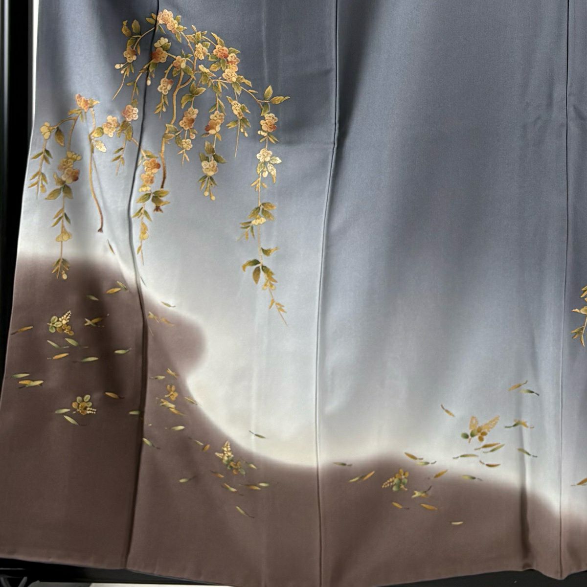 付下 身長158.5cm 袖長65cm M 雙層 枝梅花 萩 金銀彩 染分 青灰 純蠶絲 秀品級
