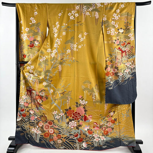 【美品】振袖禮服 身長167.5cm 袖長67cm M 雙層 御所車 草花紋 金絲 金銀彩 山吹 純蠶絲 秀品級