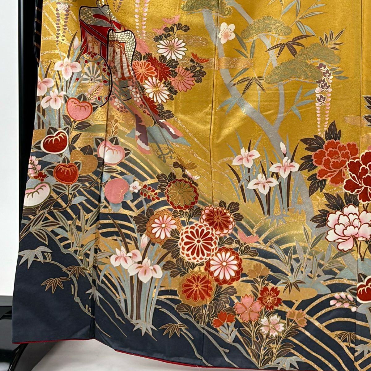 【美品】振袖禮服 身長167.5cm 袖長67cm M 雙層 御所車 草花紋 金絲 金銀彩 山吹 純蠶絲 秀品級
