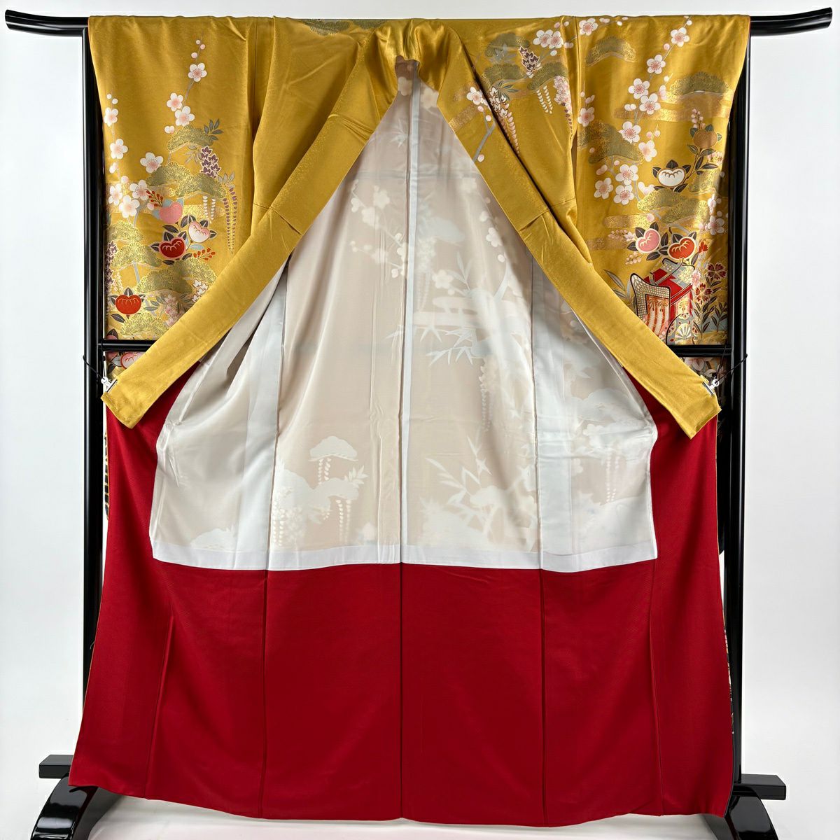 【美品】振袖禮服 身長167.5cm 袖長67cm M 雙層 御所車 草花紋 金絲 金銀彩 山吹 純蠶絲 秀品級