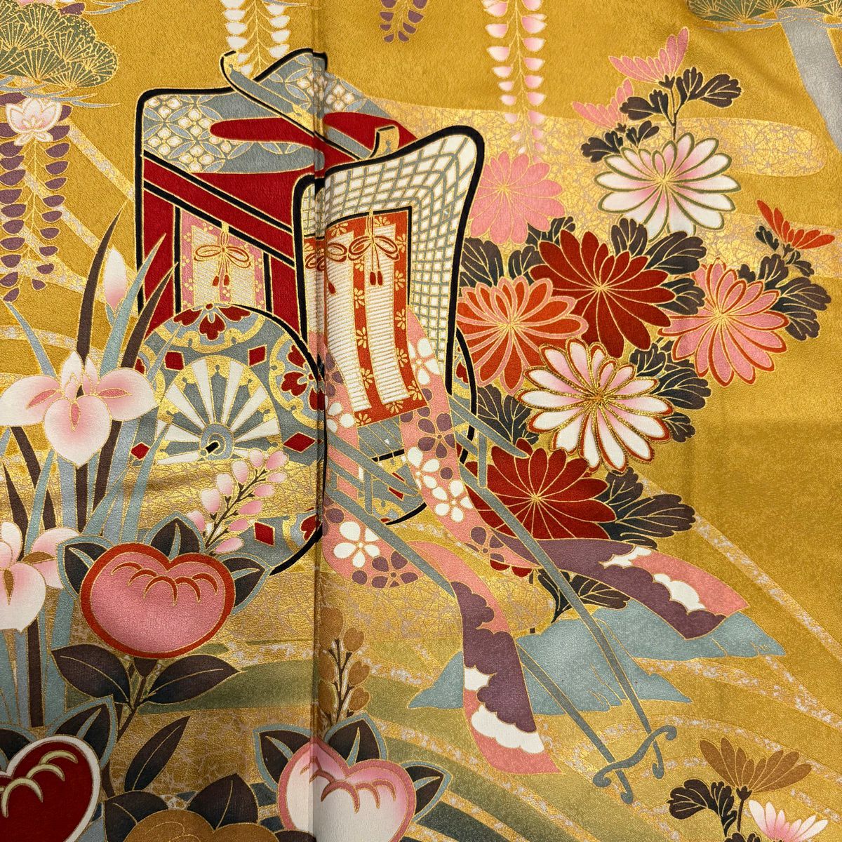 【美品】振袖禮服 身長167.5cm 袖長67cm M 雙層 御所車 草花紋 金絲 金銀彩 山吹 純蠶絲 秀品級