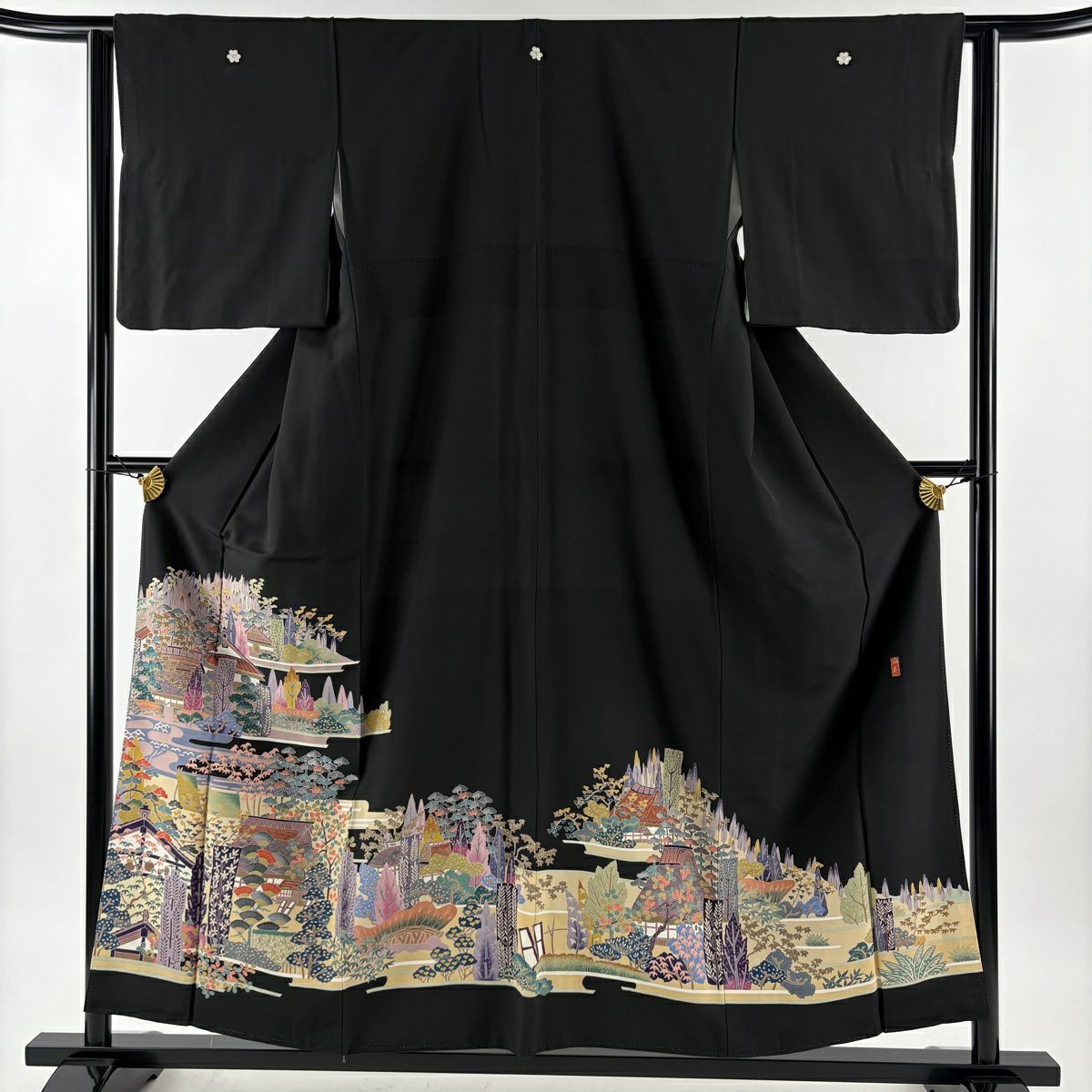黑留袖禮服 身長156.5cm 袖長61cm S 雙層 有落款 家屋 樹木 黑 純蠶絲 優品級