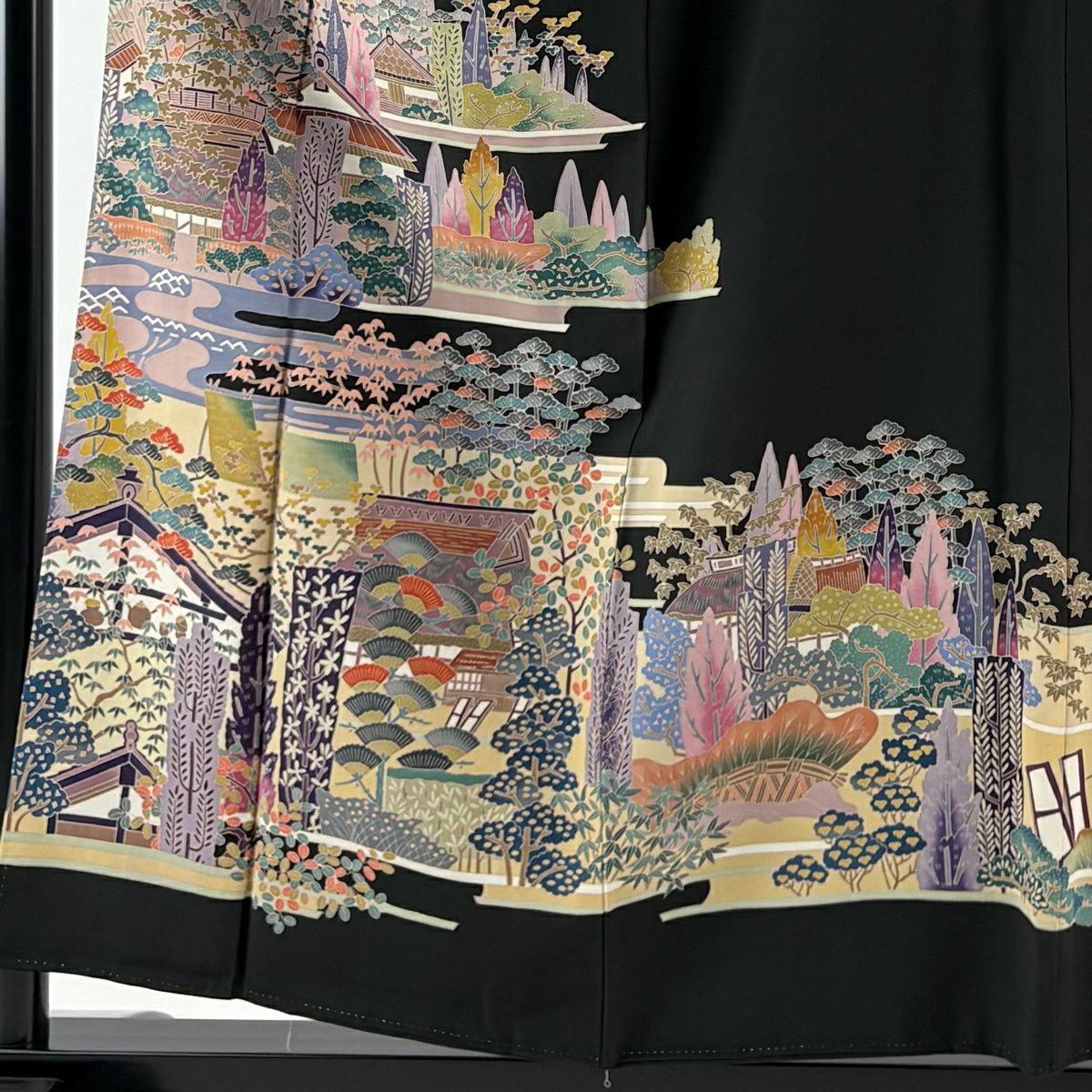 黑留袖禮服 身長156.5cm 袖長61cm S 雙層 有落款 家屋 樹木 黑 純蠶絲 優品級