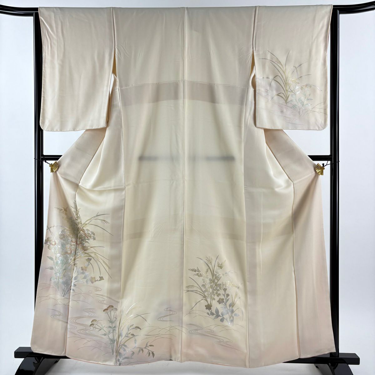 付下 身長161cm 袖長64cm M 雙層 草花紋紋 流水 金銀彩 漸層 米色 純蠶絲 優品級