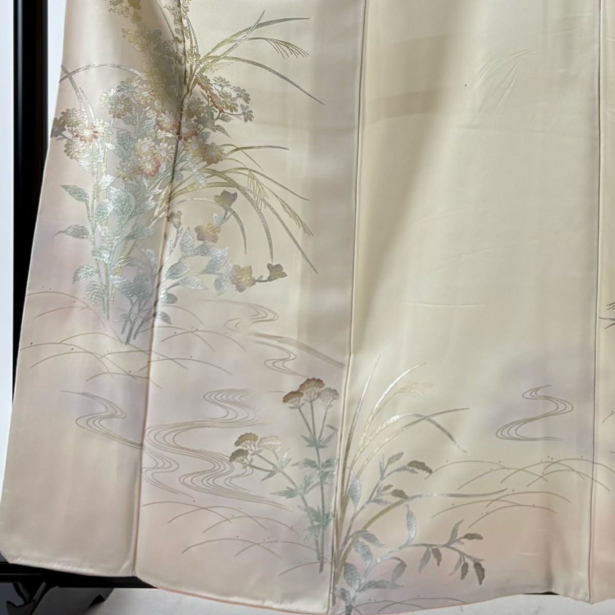 付下 身長161cm 袖長64cm M 雙層 草花紋紋 流水 金銀彩 漸層 米色 純蠶絲 優品級