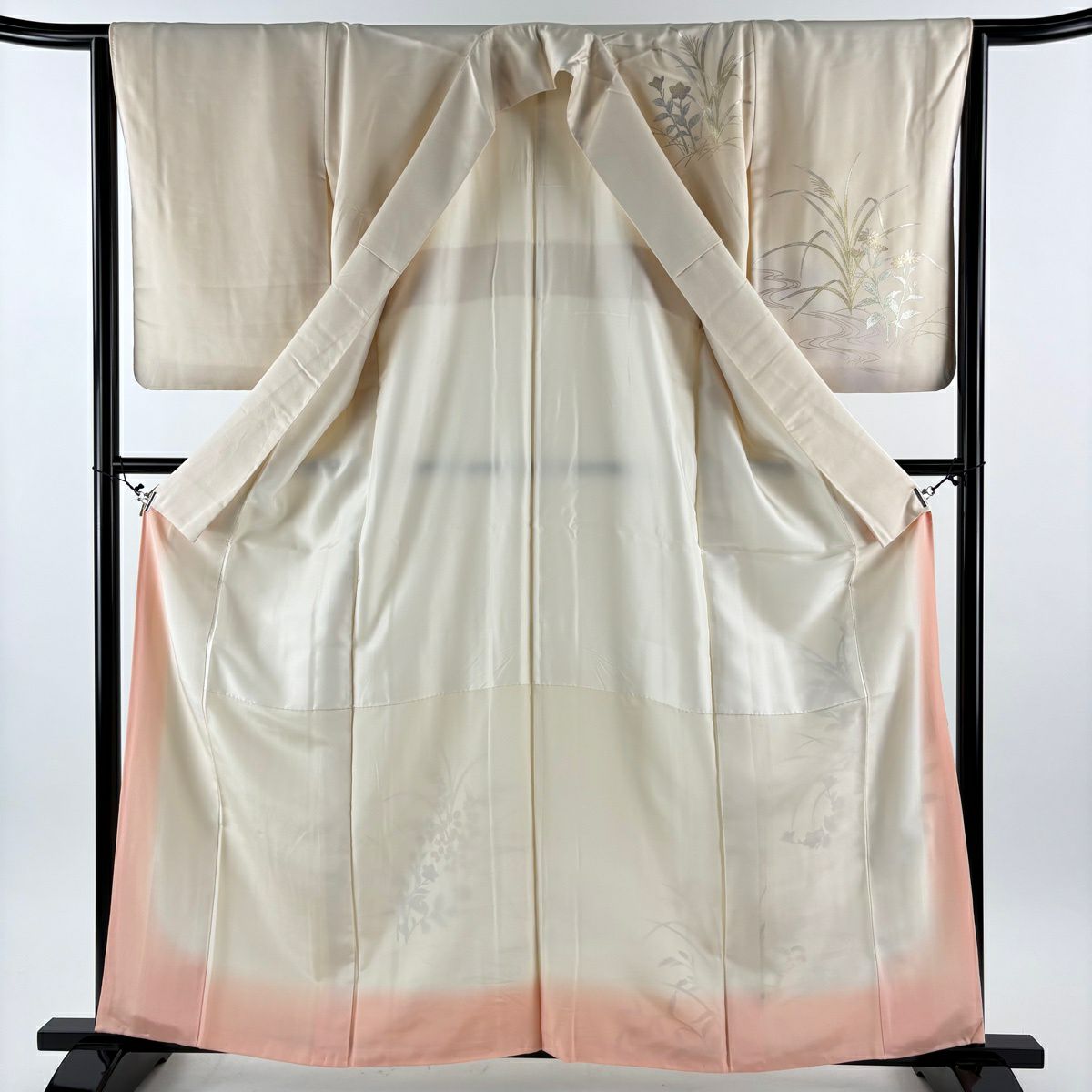付下 身長161cm 袖長64cm M 雙層 草花紋紋 流水 金銀彩 漸層 米色 純蠶絲 優品級