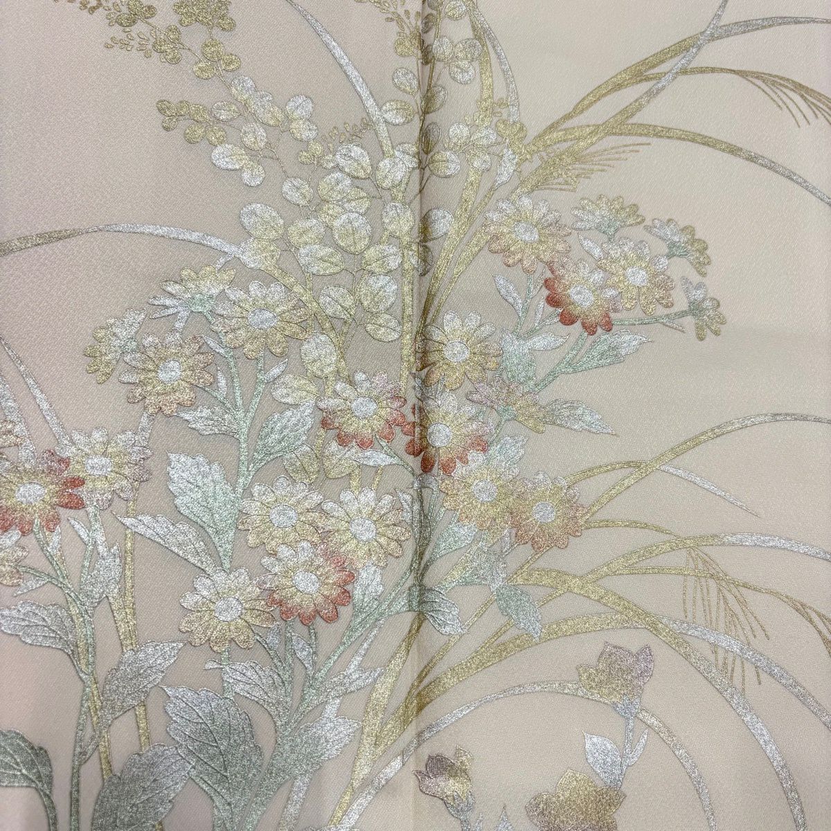 付下 身長161cm 袖長64cm M 雙層 草花紋紋 流水 金銀彩 漸層 米色 純蠶絲 優品級