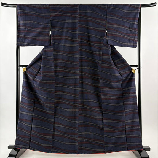 【美品】 紬織 身長163.5cm 袖長65.5cm M 雙層 證書附帶 龜甲絣 斜紋 深藍 純蠶絲 優品級