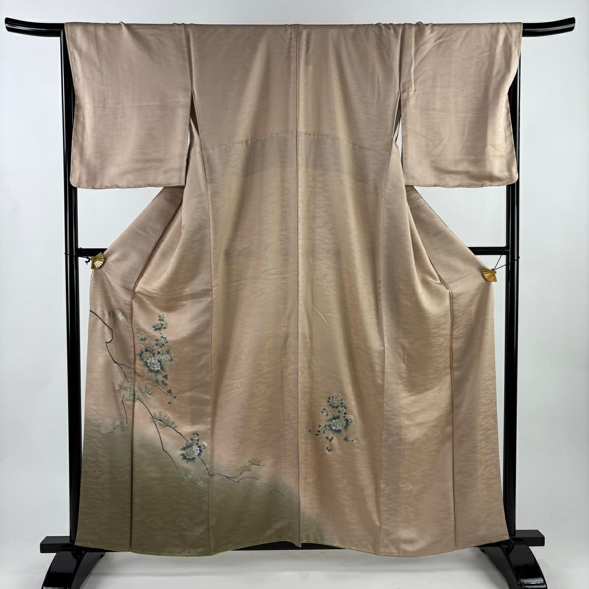 【美品】 付下 身長160cm 袖長66.5cm M 雙層 草花紋紋 松樹 金銀彩 染分 粉米色 純蠶絲 秀品級