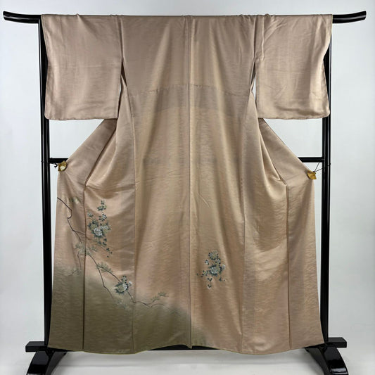 【美品】 付下 身長160cm 袖長66.5cm M 雙層 草花紋紋 松樹 金銀彩 染分 粉米色 純蠶絲 秀品級