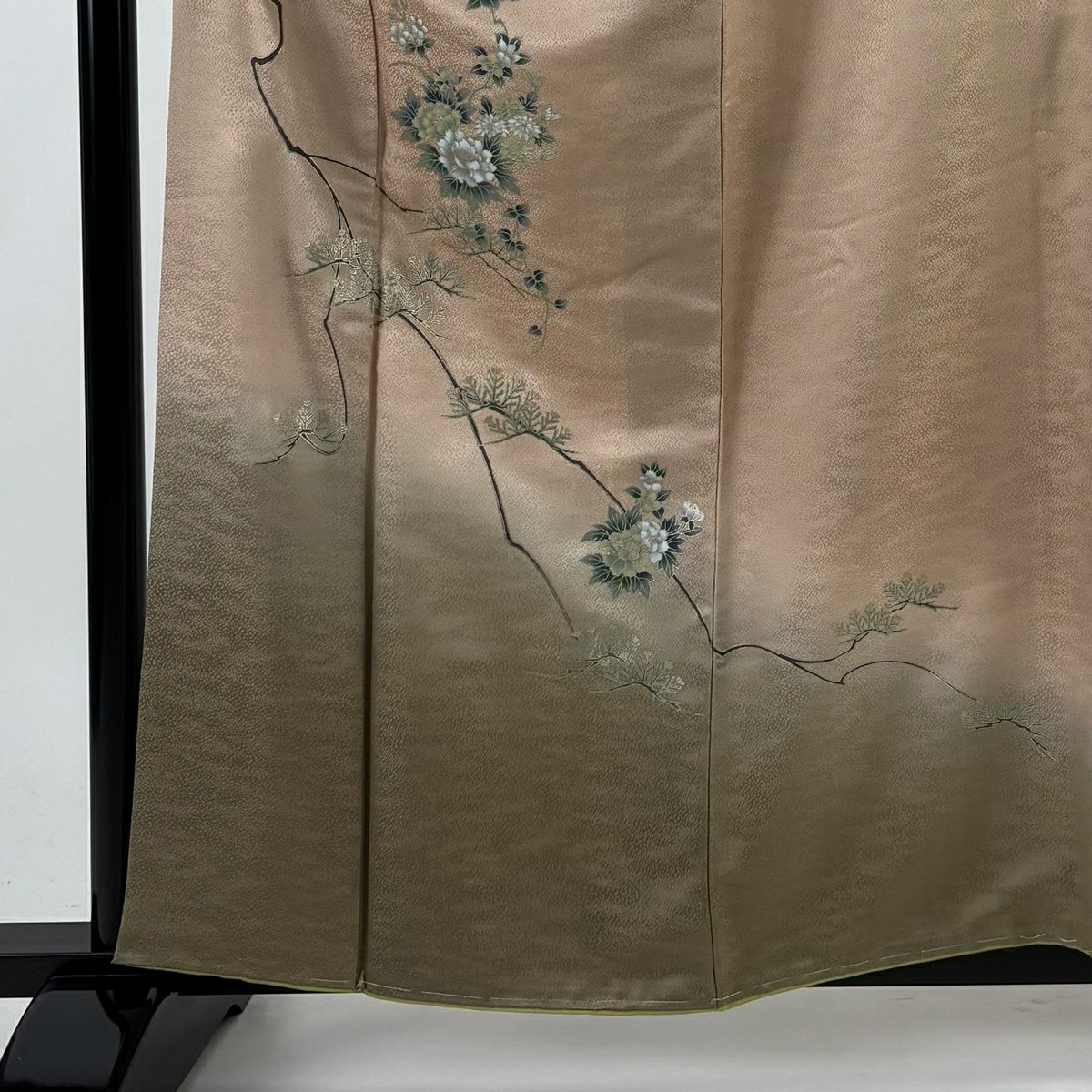 【美品】 付下 身長160cm 袖長66.5cm M 雙層 草花紋紋 松樹 金銀彩 染分 粉米色 純蠶絲 秀品級
