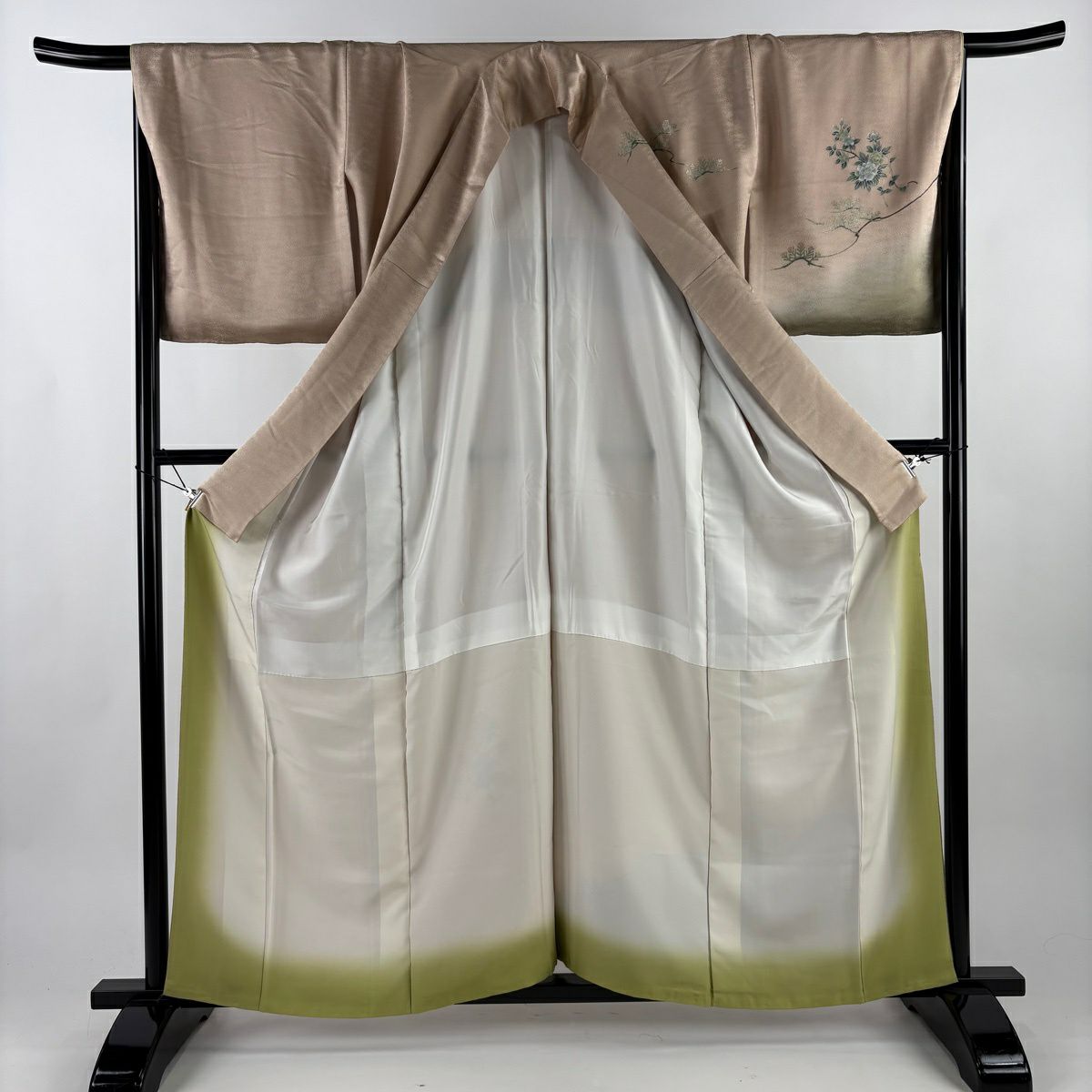 【美品】 付下 身長160cm 袖長66.5cm M 雙層 草花紋紋 松樹 金銀彩 染分 粉米色 純蠶絲 秀品級