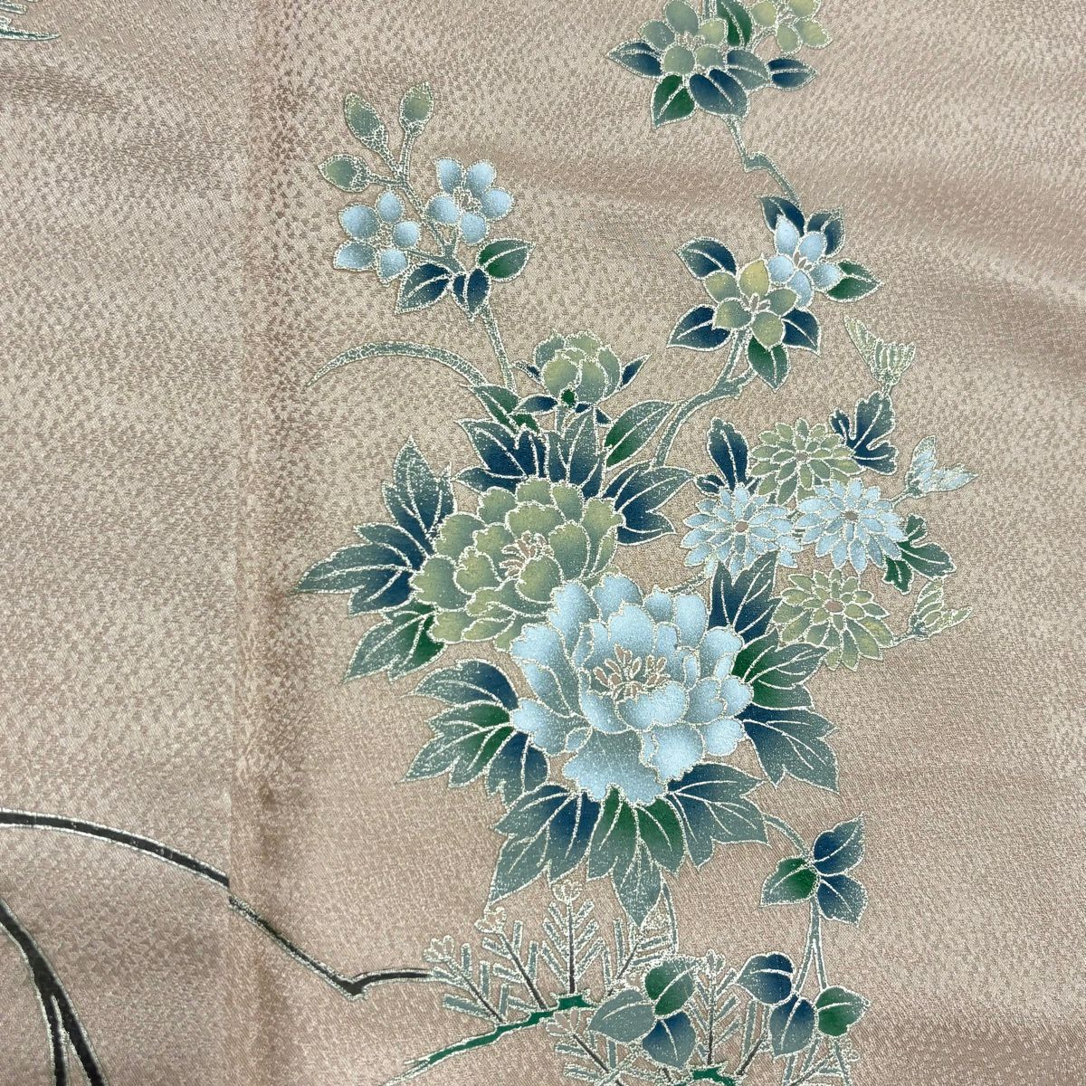 【美品】 付下 身長160cm 袖長66.5cm M 雙層 草花紋紋 松樹 金銀彩 染分 粉米色 純蠶絲 秀品級