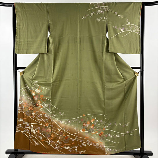 訪問服 身長159cm 袖長63.5cm S 雙層 花籠 籠目 金銀彩 染分 鶯 綠 純蠶絲 秀品級