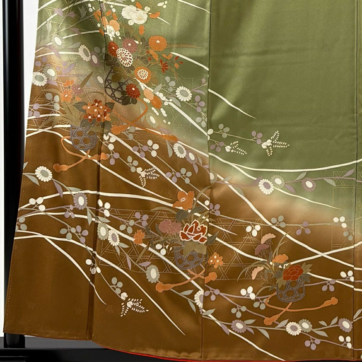 訪問服 身長159cm 袖長63.5cm S 雙層 花籠 籠目 金銀彩 染分 鶯 綠 純蠶絲 秀品級