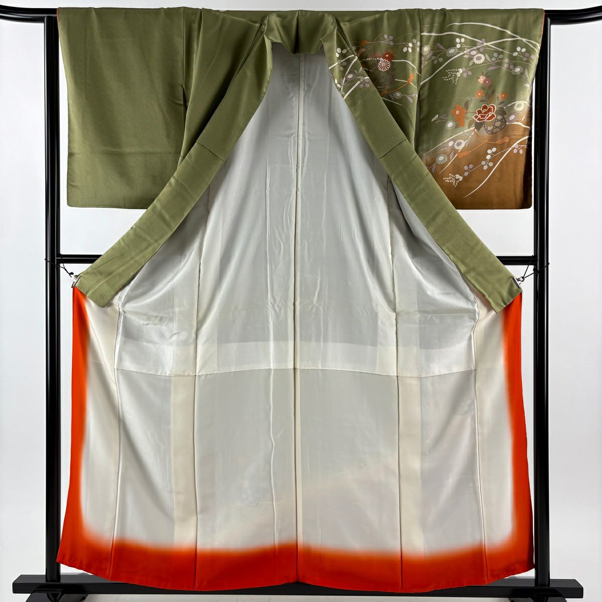 訪問服 身長159cm 袖長63.5cm S 雙層 花籠 籠目 金銀彩 染分 鶯 綠 純蠶絲 秀品級