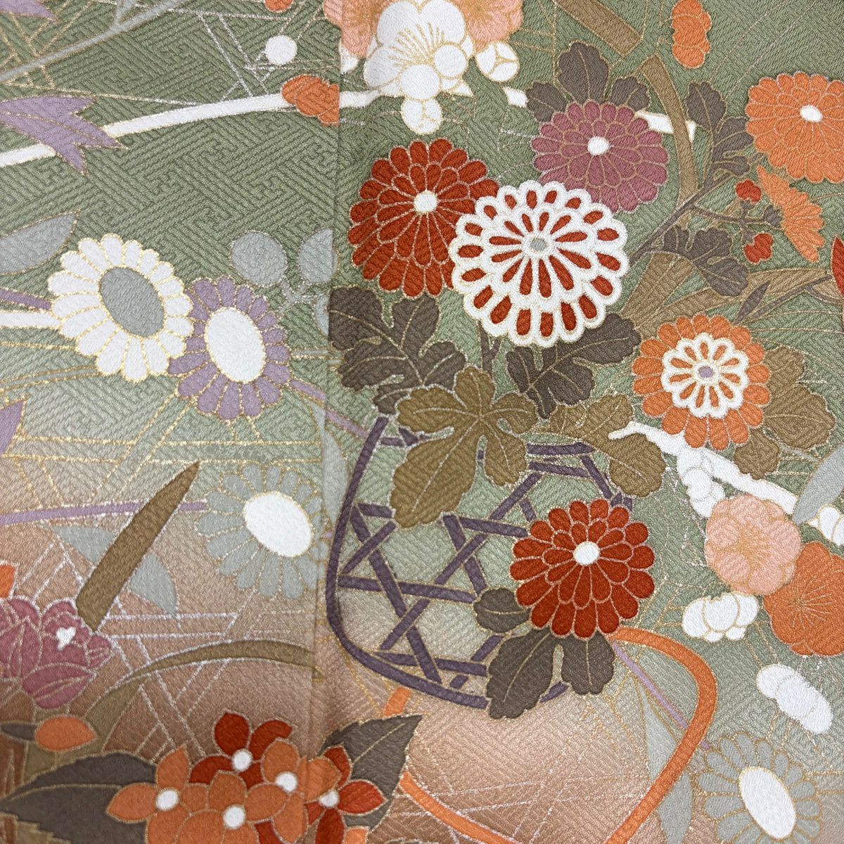 訪問服 身長159cm 袖長63.5cm S 雙層 花籠 籠目 金銀彩 染分 鶯 綠 純蠶絲 秀品級