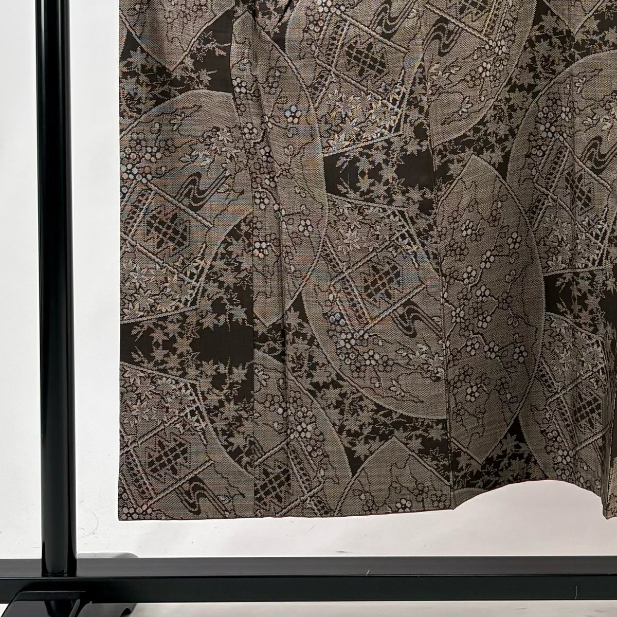 【美品】 紬織織 身長153.5cm 袖長63.5cm S 雙層 扇子面 枝梅花 焦茶 純蠶絲 秀品級