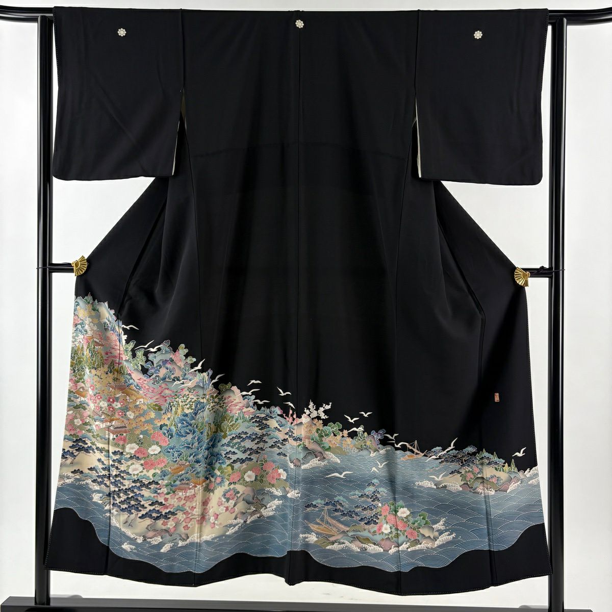 黑留袖禮服 身長150.5cm 袖長61.5cm S 雙層 有落款 家屋 樹木 黑 純蠶絲 優品級