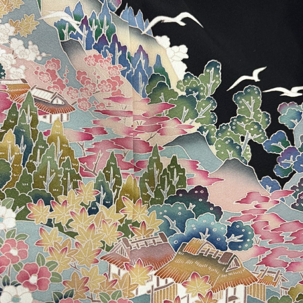 黑留袖禮服 身長150.5cm 袖長61.5cm S 雙層 有落款 家屋 樹木 黑 純蠶絲 優品級