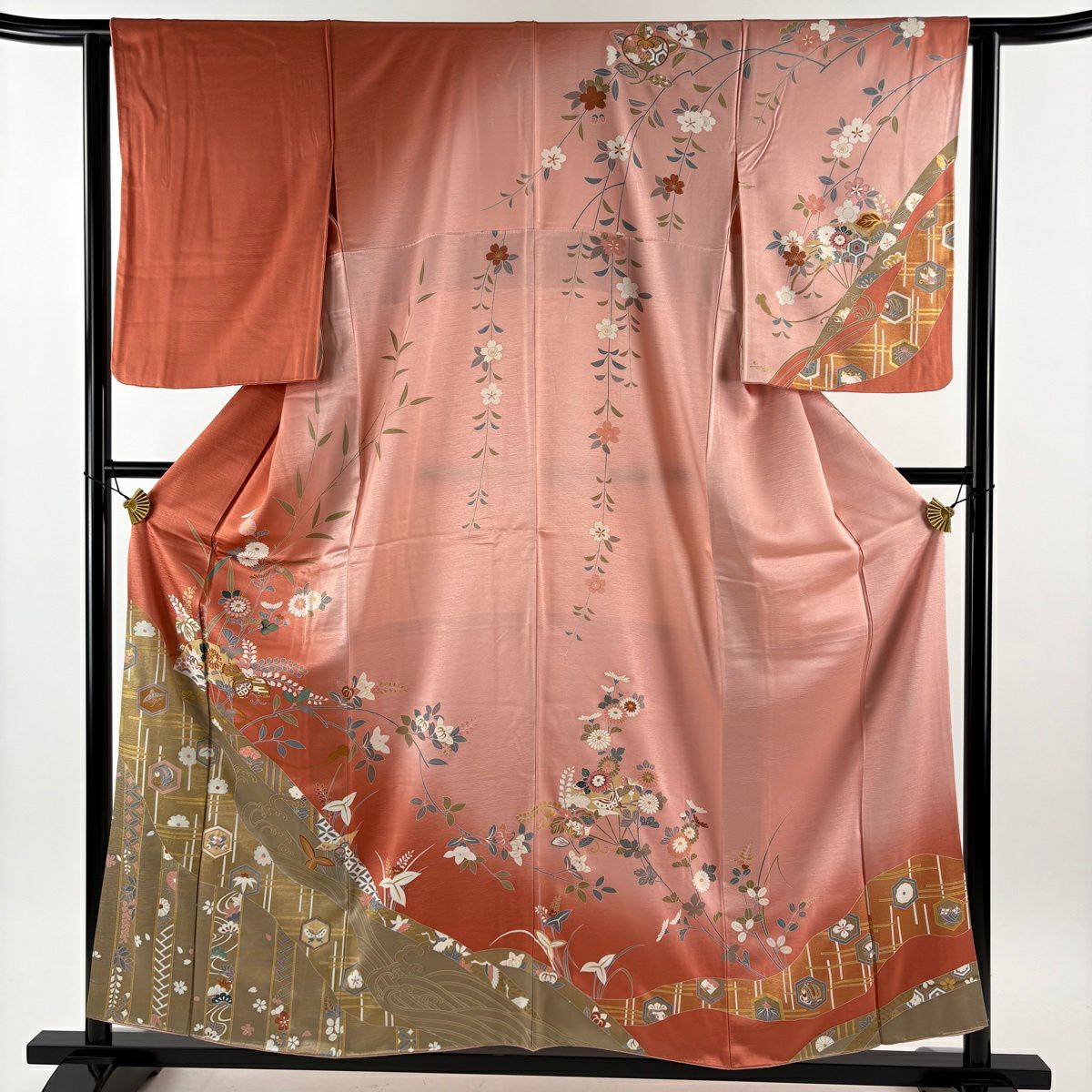 訪問服 身長155cm 袖長62.5cm S 雙層 扇子面 草花紋紋 金絲 金銀彩 粉紅 純蠶絲 秀品級