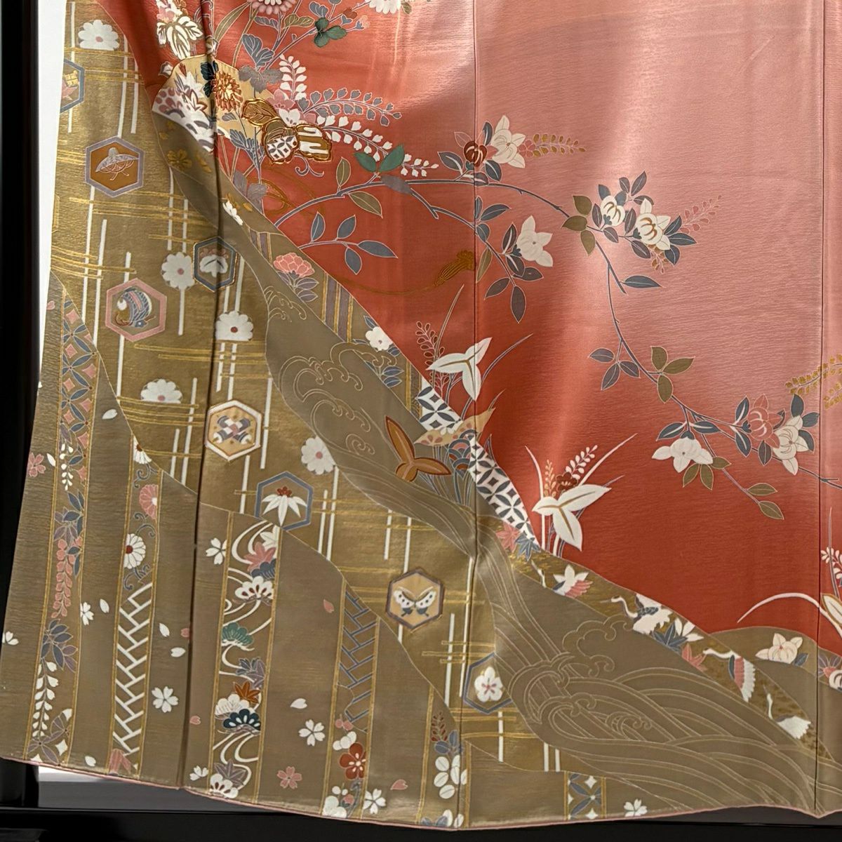 訪問服 身長155cm 袖長62.5cm S 雙層 扇子面 草花紋紋 金絲 金銀彩 粉紅 純蠶絲 秀品級
