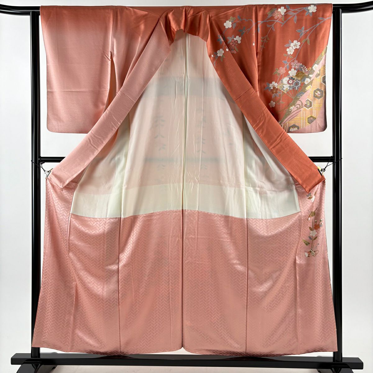 訪問服 身長155cm 袖長62.5cm S 雙層 扇子面 草花紋紋 金絲 金銀彩 粉紅 純蠶絲 秀品級