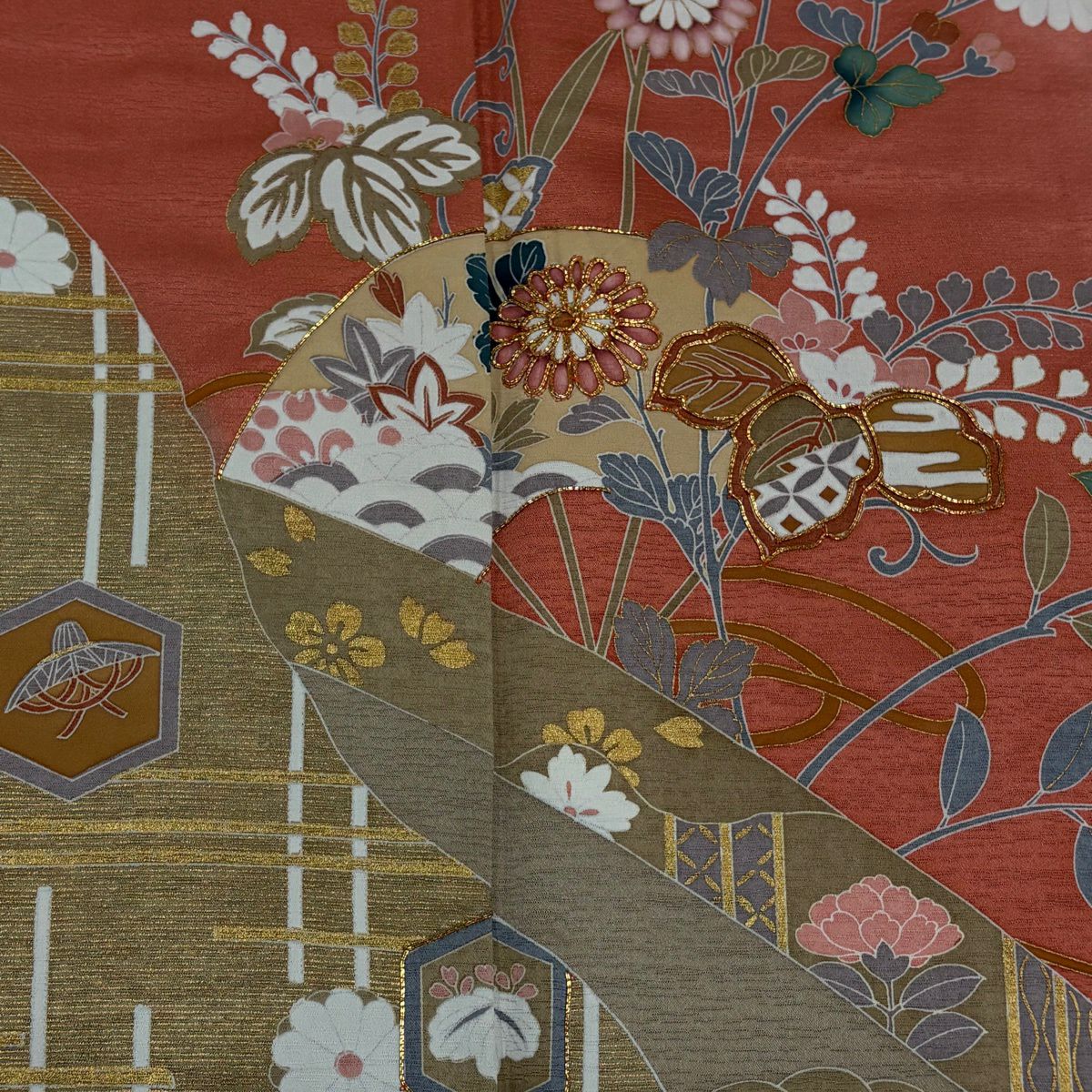 訪問服 身長155cm 袖長62.5cm S 雙層 扇子面 草花紋紋 金絲 金銀彩 粉紅 純蠶絲 秀品級