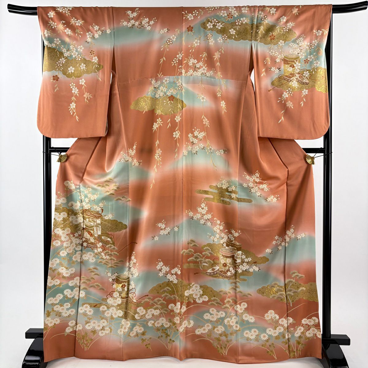 訪問服 身長167.5cm 袖長67cm M 雙層 貝桶 草花紋紋 金絲 金銀彩 鮭粉色 純蠶絲 秀品級