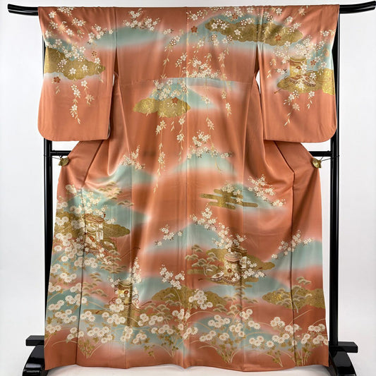 訪問服 身長167.5cm 袖長67cm M 雙層 貝桶 草花紋紋 金絲 金銀彩 鮭粉色 純蠶絲 秀品級
