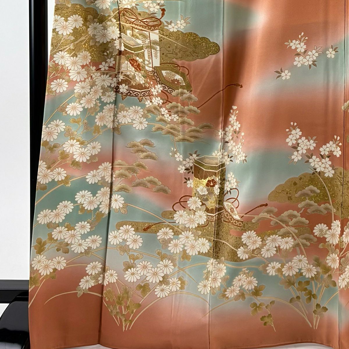 訪問服 身長167.5cm 袖長67cm M 雙層 貝桶 草花紋紋 金絲 金銀彩 鮭粉色 純蠶絲 秀品級