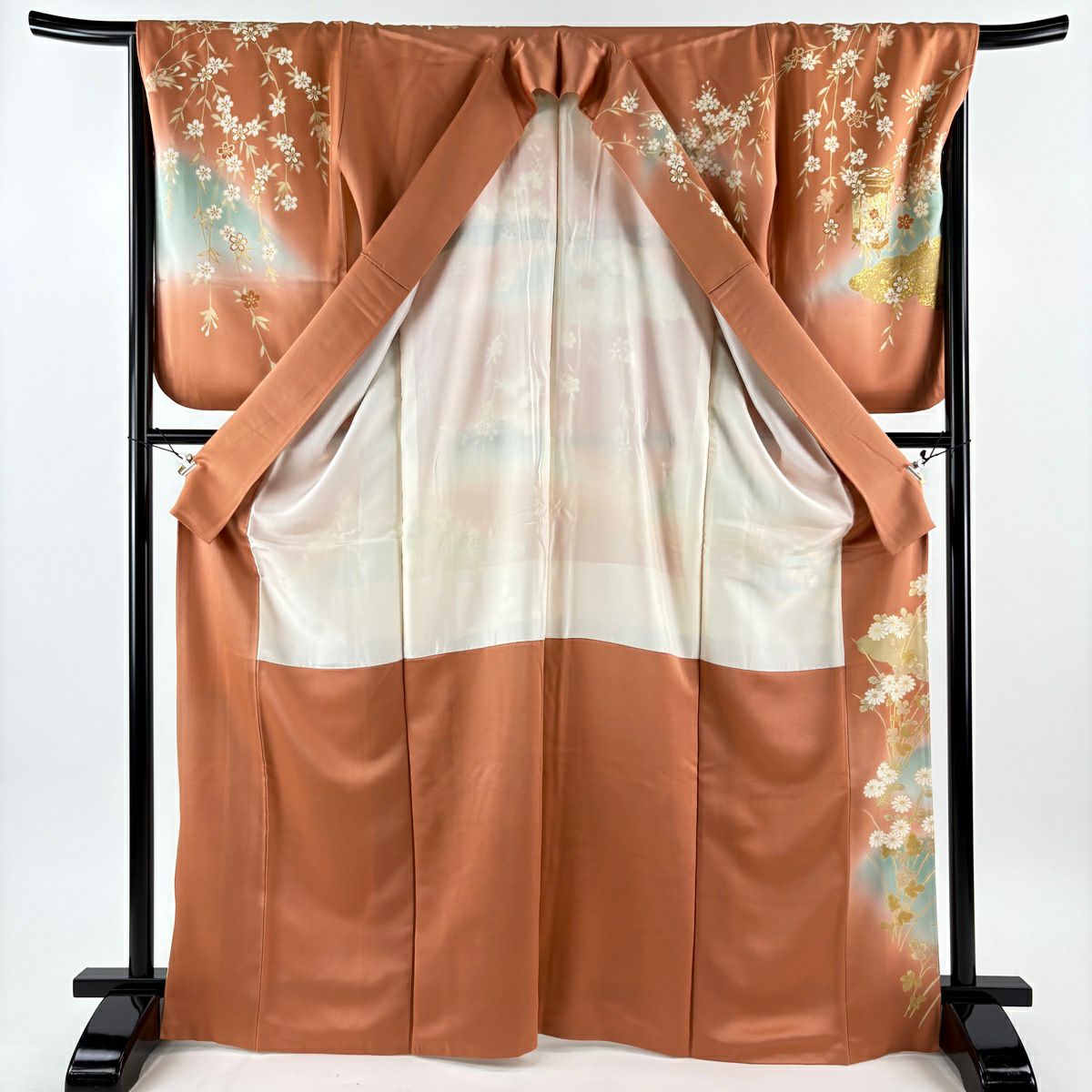 訪問服 身長167.5cm 袖長67cm M 雙層 貝桶 草花紋紋 金絲 金銀彩 鮭粉色 純蠶絲 秀品級